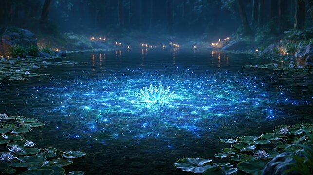 Magical glowing lotus flower on a serene lake at night with fireflies and lily pads