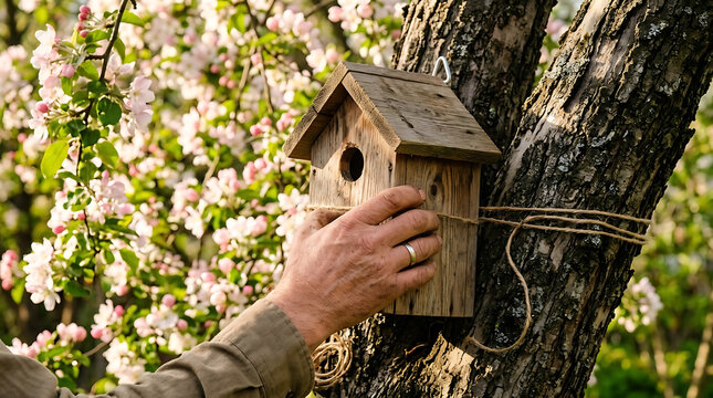 Hands Secure Rustic Birdhouse Amidst Blooming Spring Apple Blossoms Southern Hemisphere Renewal spring