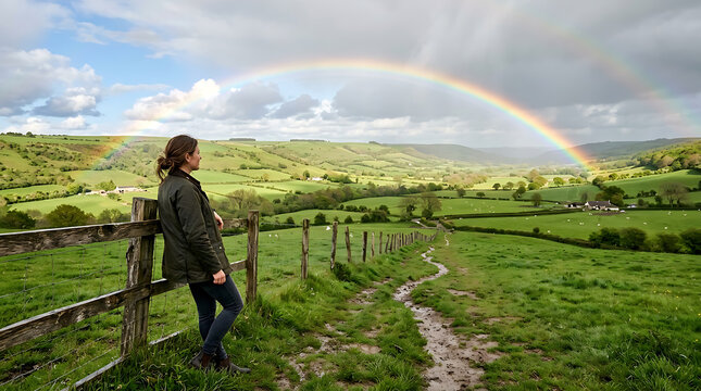 Woman Gazing at Vibrant Double Rainbow Over Lush Green Rolling Hills in Spring spring