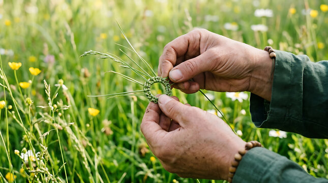 Hands Weaving Grass Ring in Vibrant Spring Meadow Southern Hemisphere Renewal spring