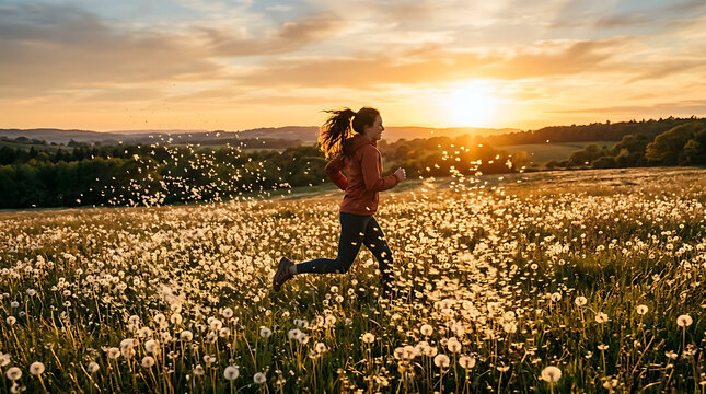 Woman Running Through Dandelion Field at Golden Hour Spring Sunset Southern Hemisphere spring