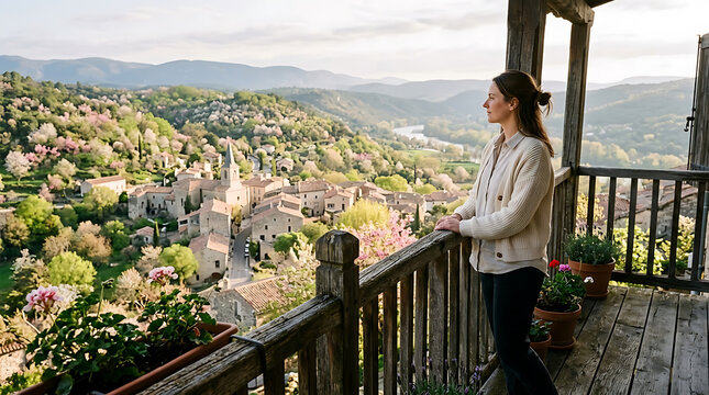 Woman enjoys serene spring view of blooming village from balcony, evoking renewal and airy living spring