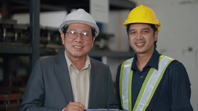 Two men in a factory setting. One wears a white helmet and suit. The other sports a yellow helmet and safety vest. Both smile at the camera