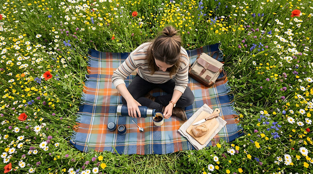 Woman Enjoys Refreshing Picnic Amidst Vibrant Southern Hemisphere Spring Wildflowers spring