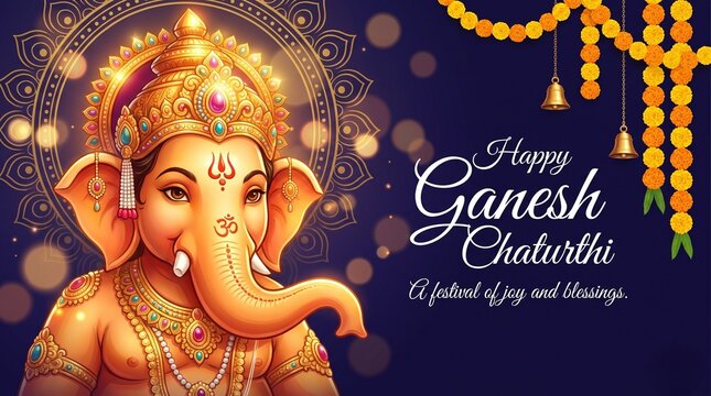 colorful depiction of lord ganesha with ornate crown and marigold garlands on dark background. hindu festival ganesh chaturthi, spiritual artwork, cultural celebration, greeting ... See More