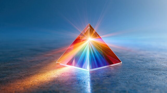 Prism refracting light into a spectrum of colors, creating a vibrant rainbow effect on a textured surface.