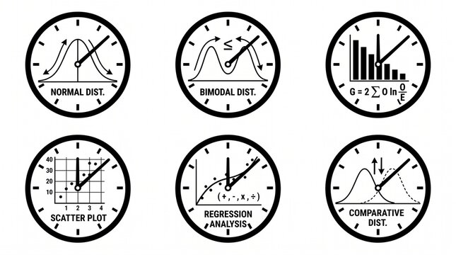Conceptual clock faces illustrating statistical data visualization for normal, bimodal, comparative distributions, scatter plots