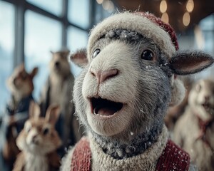 Obraz premium A happy sheep wearing a Santa hat singing Christmas carols with a woodland animal choir indoors.