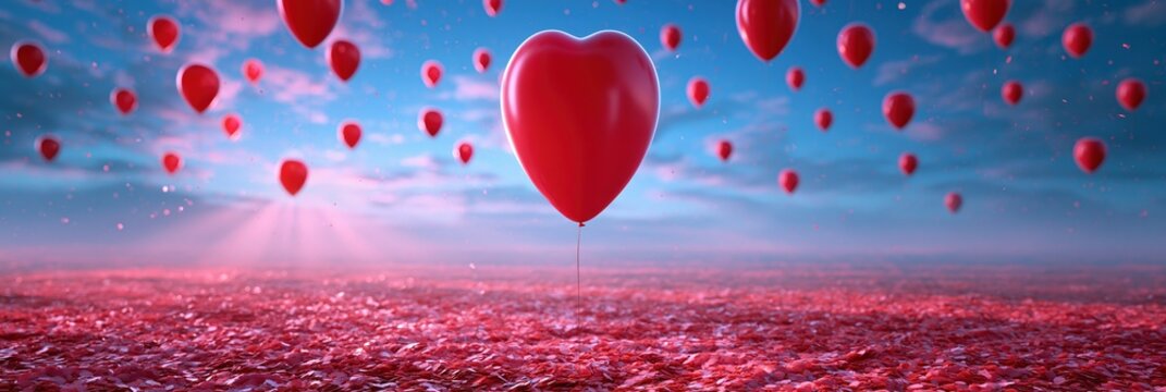 Red Heart Balloons Floating Over a Field of Rose Petals Under a Dreamy Blue Sky