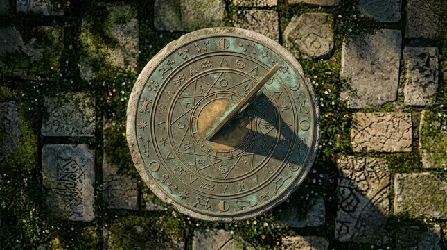 Ancient bronze sundial with zodiac signs on stone pavement