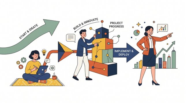 Conceptual illustration of business process workflow from idea generation to project implementation and deployment