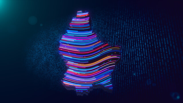 Abstract futuristic Luxembourg map featuring colorful glowing wavy lines, 3D extruded shape, blue particle grid, depth of field, light flares, and modern technology inspired background.