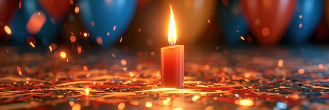 Single lit red candle on a table covered in confetti and streamers, with blurred balloons in the background.