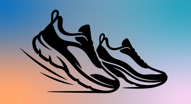 a pair of running shoes on a vibrant blue-to-orange gradient background. Featuring clean bold lines and a contemporary vector-inspired style,