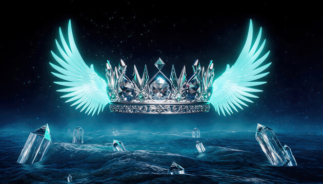 Magical glowing diamond crown with neon blue angel wings hovering over a dark crystal ocean under a starry sky, 3D fantasy art