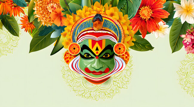 Background for a Kathakali face mask celebration on the onam festival, featuring floral decorations
