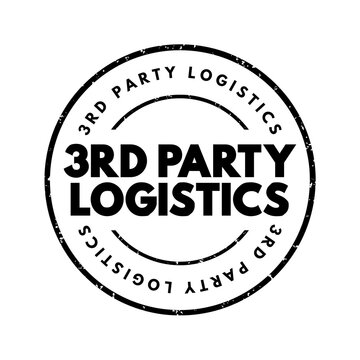 3rd party logistics circular stamp emblem symbol representing outsourced corporate supply chain services, distribution, freight delivery, inventory control, cargo shipping, and warehouse storage.