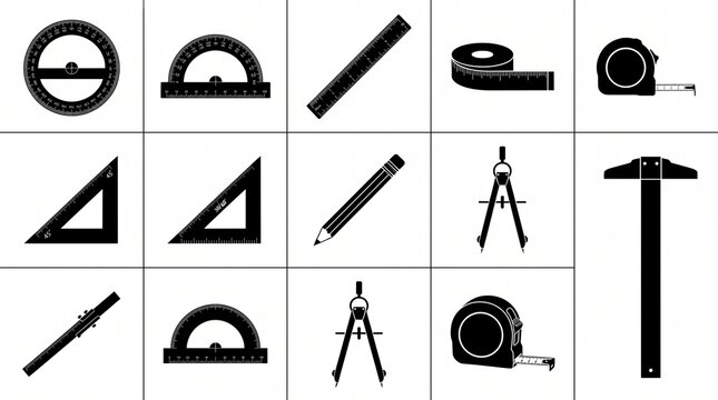 Essential drafting tools collection featuring protractors, rulers, pencils, compasses, t-square, and measuring tape icons
