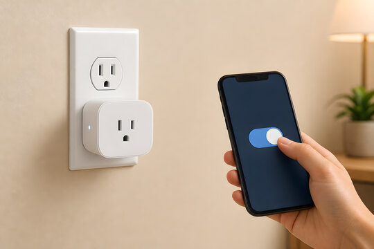 Smart plug controlled by phone in modern home