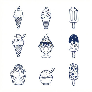 Ice Cream Cones, Sundae, and Fruit Popsicles Line Icons Set