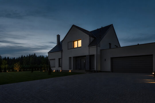 Protected modern home glowing warmly at dusk