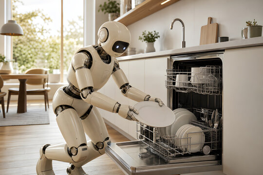 Friendly household robot loading dishwasher in modern kitchen