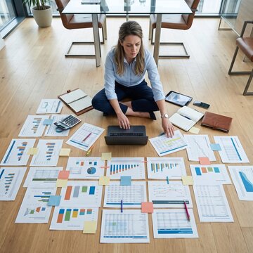 Stressed finance worker sitting on floor surrounded by financial reports
