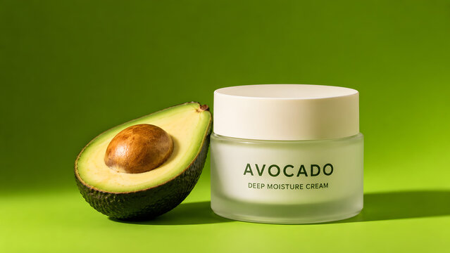 Avocado deep moisture cream in a jar with half an avocado on a green background