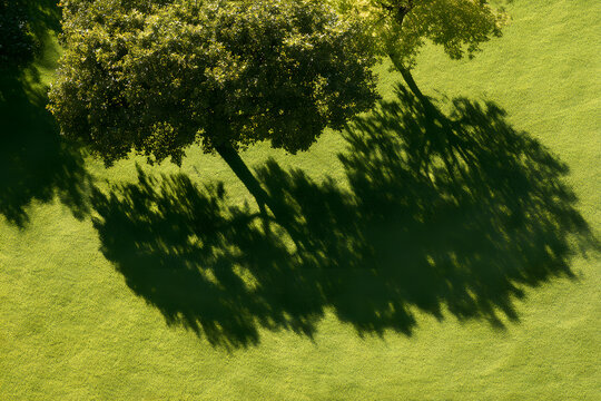 The shadow of trees on the green grass of the park blends naturally with the sunny day, offering an aerial view.