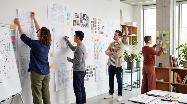 Young designers brainstorming app wireframes on office wall