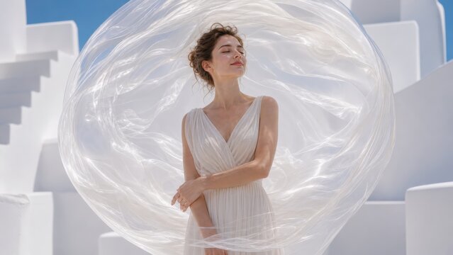 Surreal high-key image of a woman surrounded by a protective bubble of white silk. Powerful concept for skin protection, safety, and insurance.