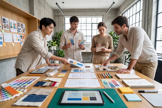 Young designers brainstorming color palette around studio table
