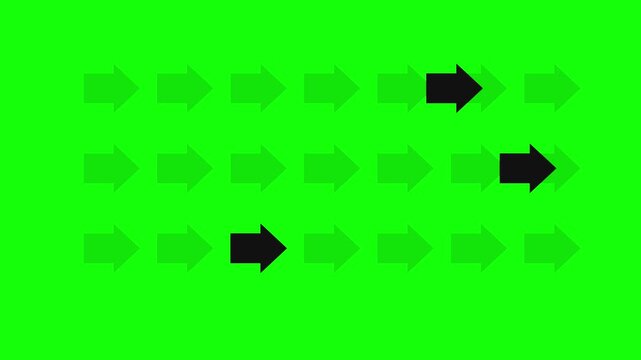 Dynamic rows of green arrows featuring black highlights moving across a vibrant chroma key green screen background for video footage