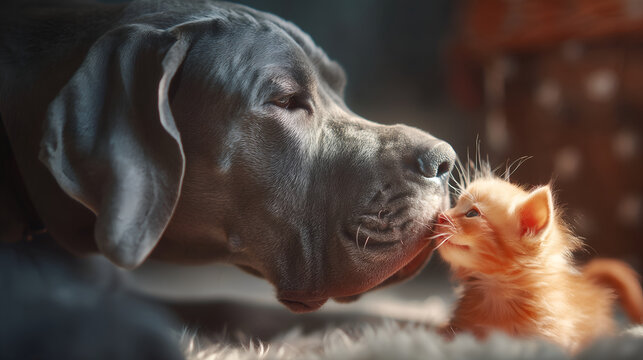 Large Great Dane and tiny ginger kitten touching noses in a gentle bond