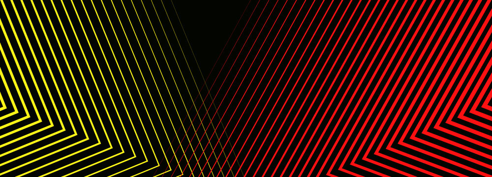 Abstract geometric line background, glowing red and yellow diagonal stripes on black, modern tech pattern for digital banners and headers