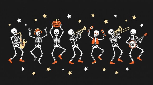Illustration of dancing skeletons playing musical instruments with a pumpkin and stars, halloween concept design.