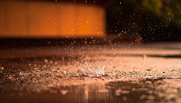 濡れたアスファルトの表面に激しい雨が降り注ぐ