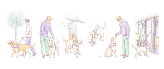 Fototapeta premium Blind man guide dog harness navigating city daily routine isolated watercolor set, visually impaired person training assistance dog walking boarding bus support accessibility concept illustration.