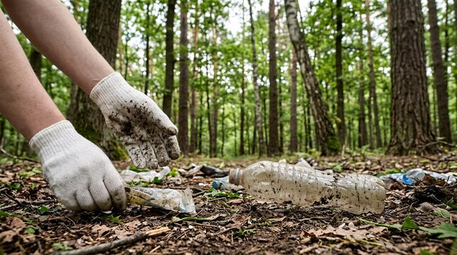 Close-up of a volunteer's gloved hands picking up discarded plastic packaging and plastic bottles scattered on the ground in a forest.