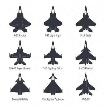 Illustration of various modern tactical aircraft silhouettes including f-22 raptor, f-35, and mig-35 jet fighter designs