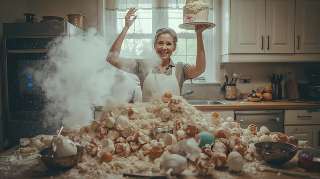 Woman standing proudly in kitchen holding wedding style cake creating gentle comedic irony against chaotic mess generative AI
