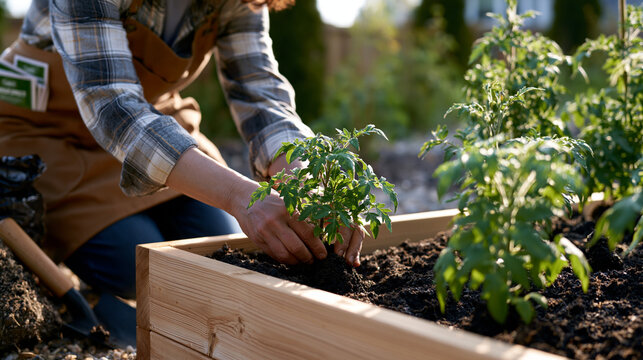 Retired woman kneeling beside raised cedar garden bed pressing tomato seedlings into dark soil, seed packet collection tucked into apron pocket, garden trowel and compost bag