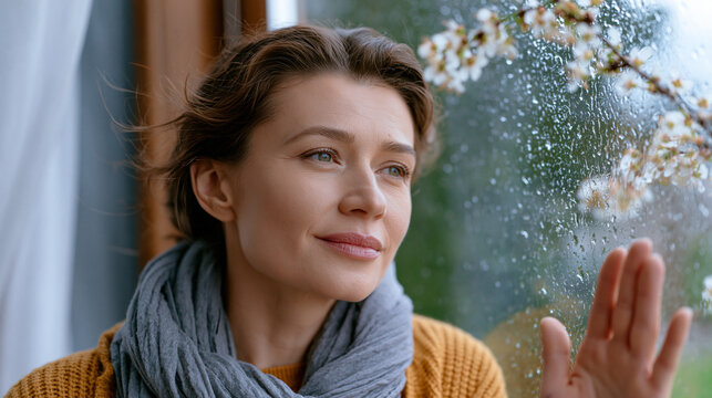Woman standing at a rain-soaked window pressing her palm to the glass while a single flowering branch bends outside in wind and her expression carries quiet expectation of spring