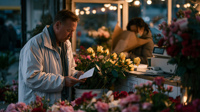 Man standing inside a flower market in the early morning carefully selecting long-stem roses from a bucket while referencing a handwritten note and the florist behind the counter