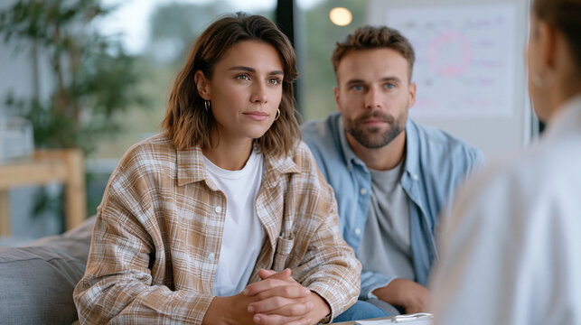 Couple in a fertility clinic counseling session, the woman gripping her partner's hand as an embryologist explains implantation statistics, a whiteboard diagram visible in the