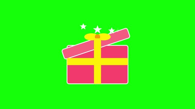 Animated gift box opening with glittering stars on green screen background creating festive digital motion clip for celebratory holiday events