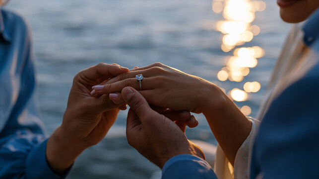 Close-up of an engagement ring being slipped onto a finger beside a lake at twilight, the surface of the water reflecting the last embers of the setting sun, the proposing