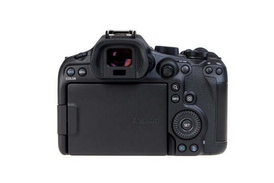 Varna , Bulgaria - July 12, 2026: Canon EOS R6 Mark III Rear View. Full-Frame Mirrorless Digital Camera Body. Professional Photography Equipment Isolated on White