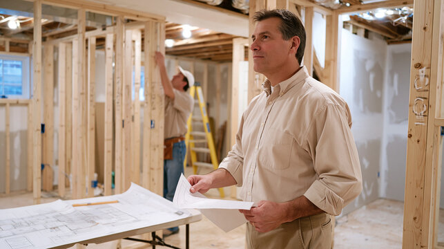 Homeowner reviewing basement finishing progress walking through newly framed room, measuring ceiling height in partially drywalled space, electrical outlets marked on studs in