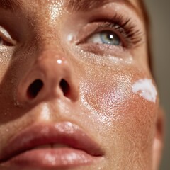 Fototapeta premium Close-up of white cosmetic cream applied to female cheek, emphasizing smooth, radiant skin.
